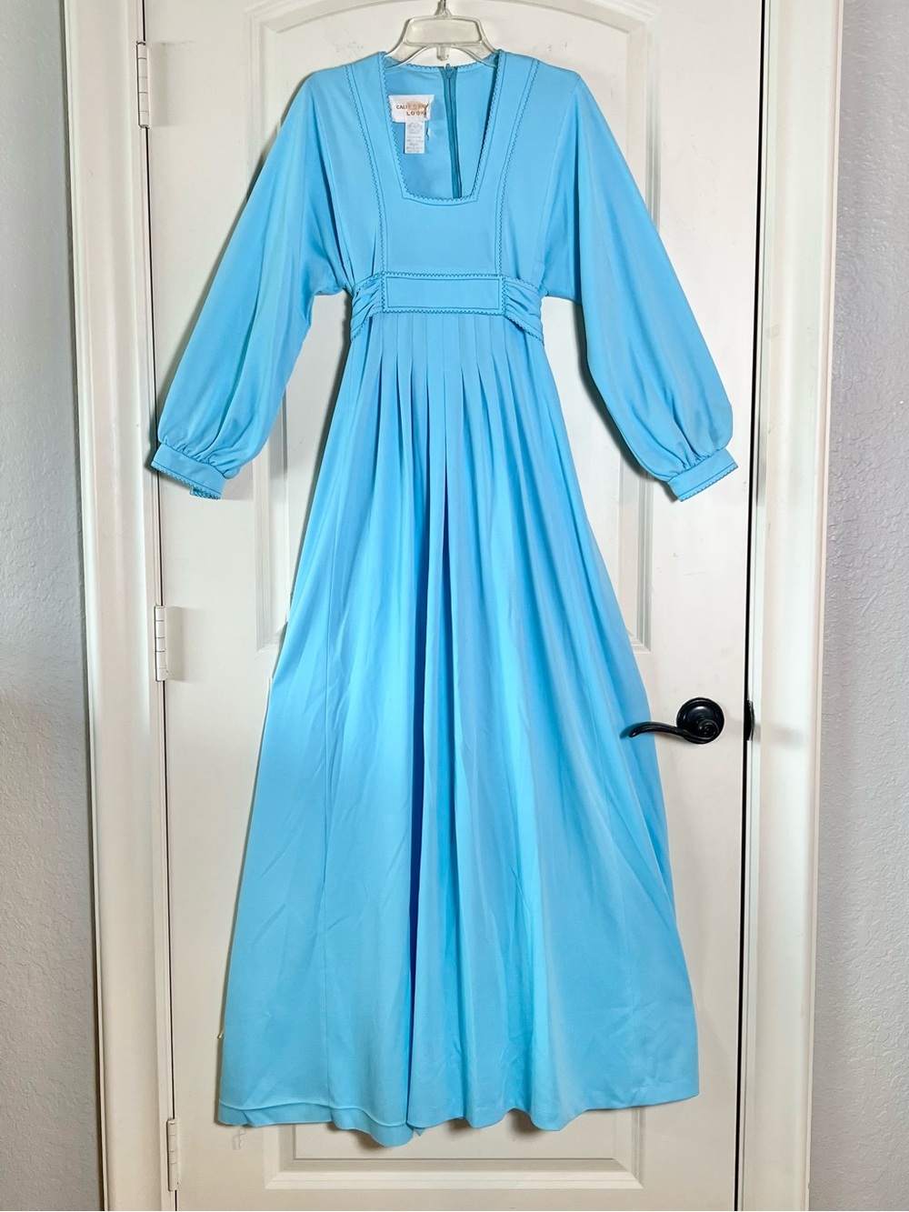Vtg 70s California Looks Accordion Pleated Baby Blue Maxi Dress Bishop Sleeve
